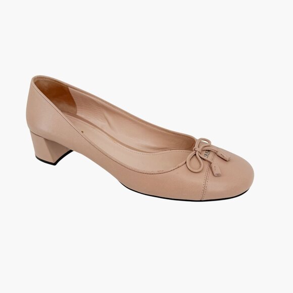 Prada Cap Toe Logo Ballet Pumps Heels Beige Leather Size 40 US 10 Block Heel